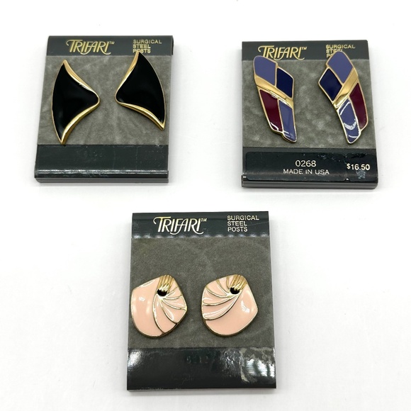 3 pairs Vintage Trifari Earrings Black Blue Pink Gold Trim Enamel - Picture 1 of 5